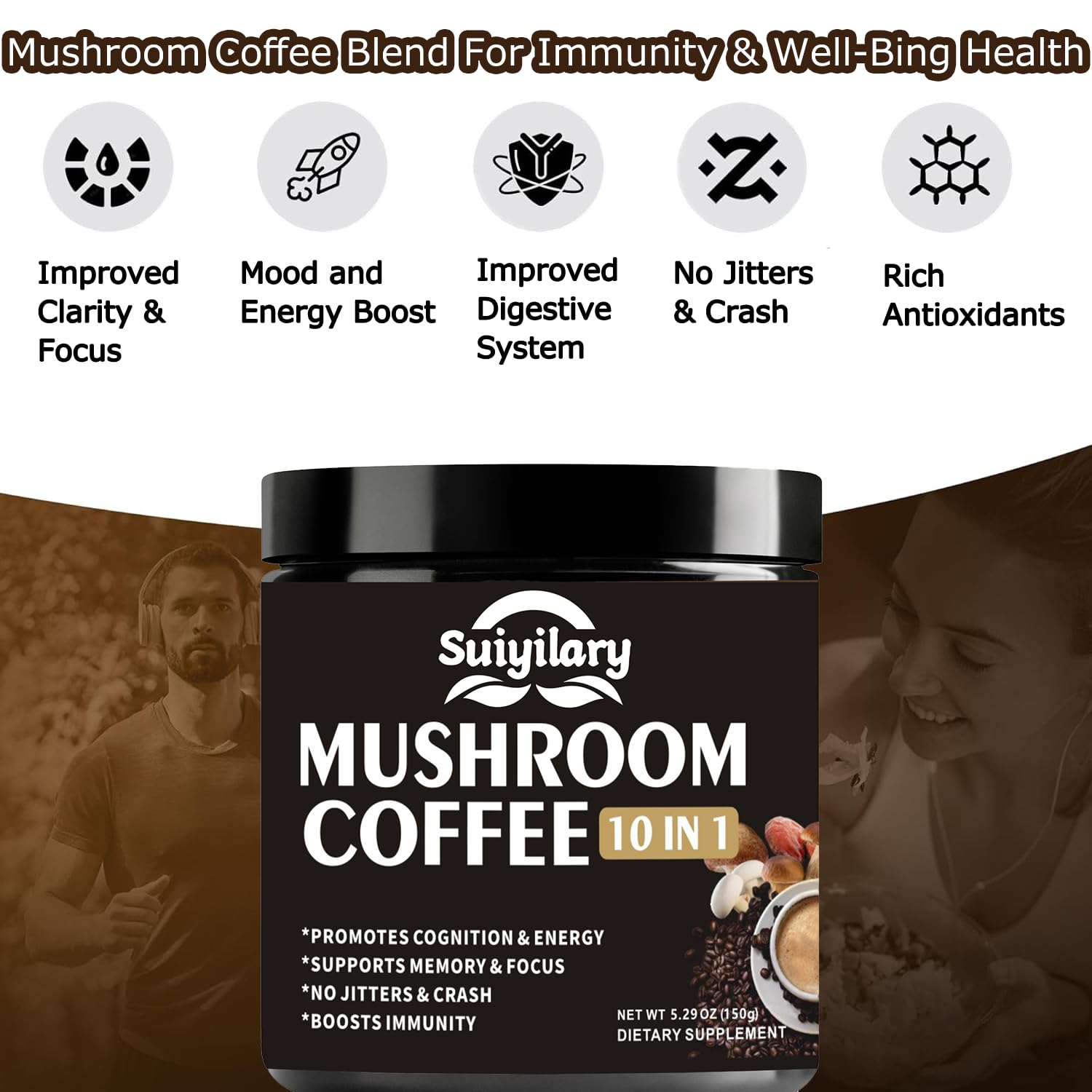 All-natural, gluten-free mushroom coffee ingredients label