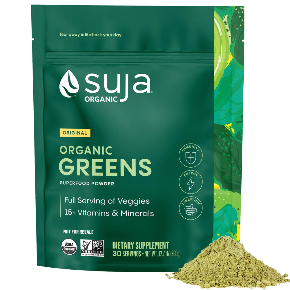 Front view of Suja Organic Greens Powder probiotic blend packaging with scoop