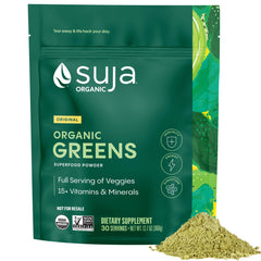 Front view of Suja Organic Greens Powder probiotic blend packaging with scoop