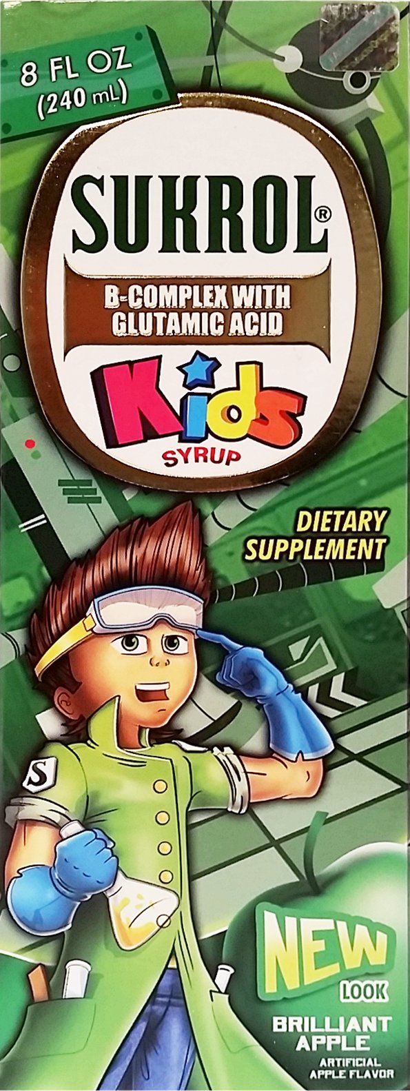 Sukrol front label showing apple syrup and multivitamin information, easy dosing