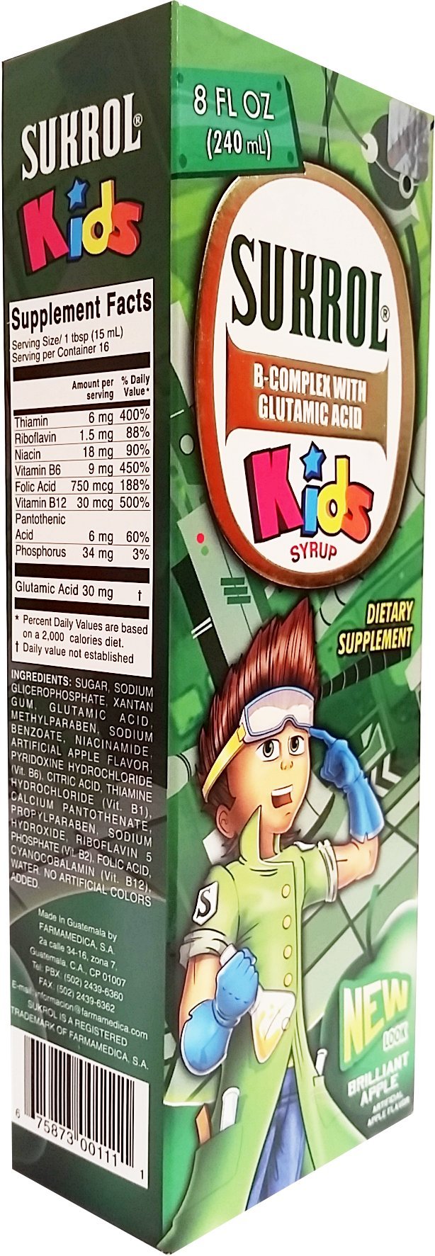 Sukrol apple syrup next to measuring spoon, brand helps accurate daily dosing