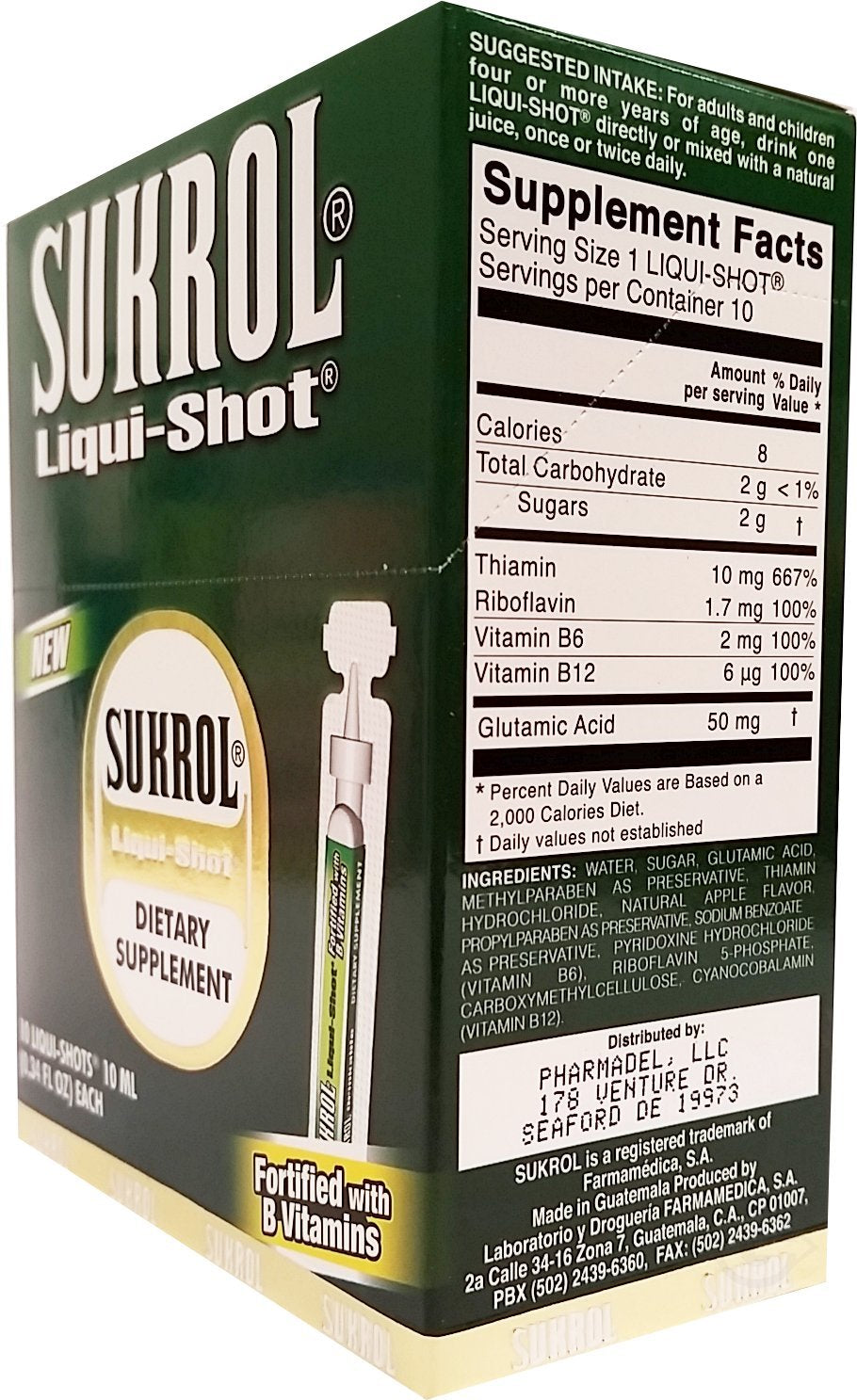 Nutritional information label on Sukrol Liquid Shot