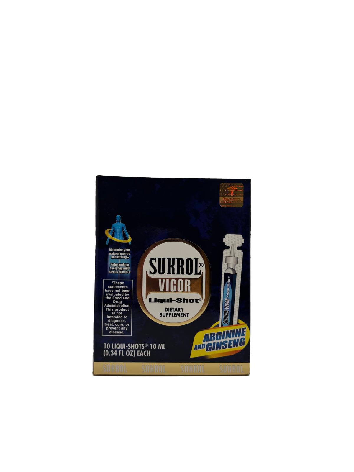 Back panel showing nutritional information of Sukrol VIGOR LIQUI-SHOT, 10 oz