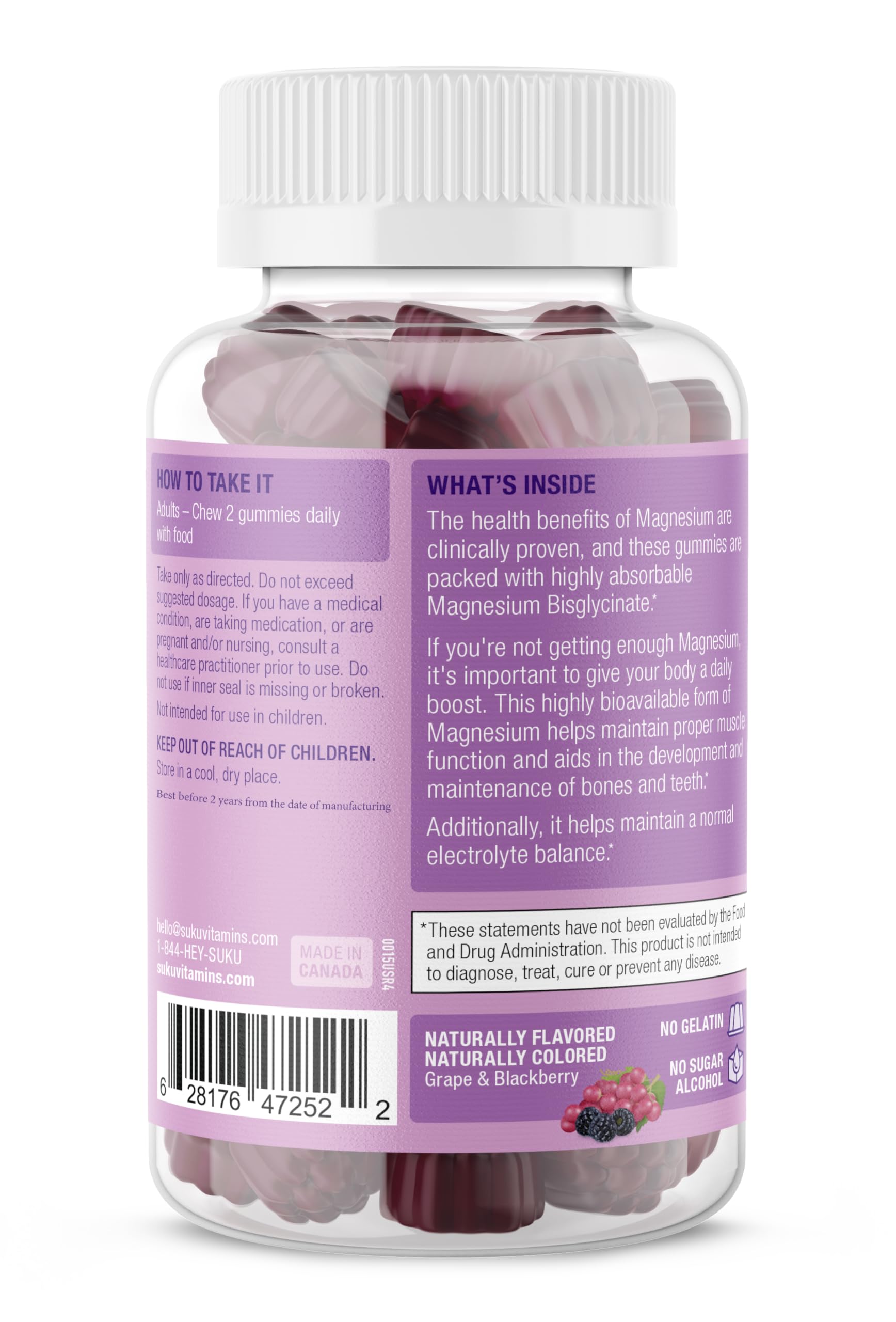 Close-up of ingredients for SUKU Magnesium Bisglycinate gummies 177 mg