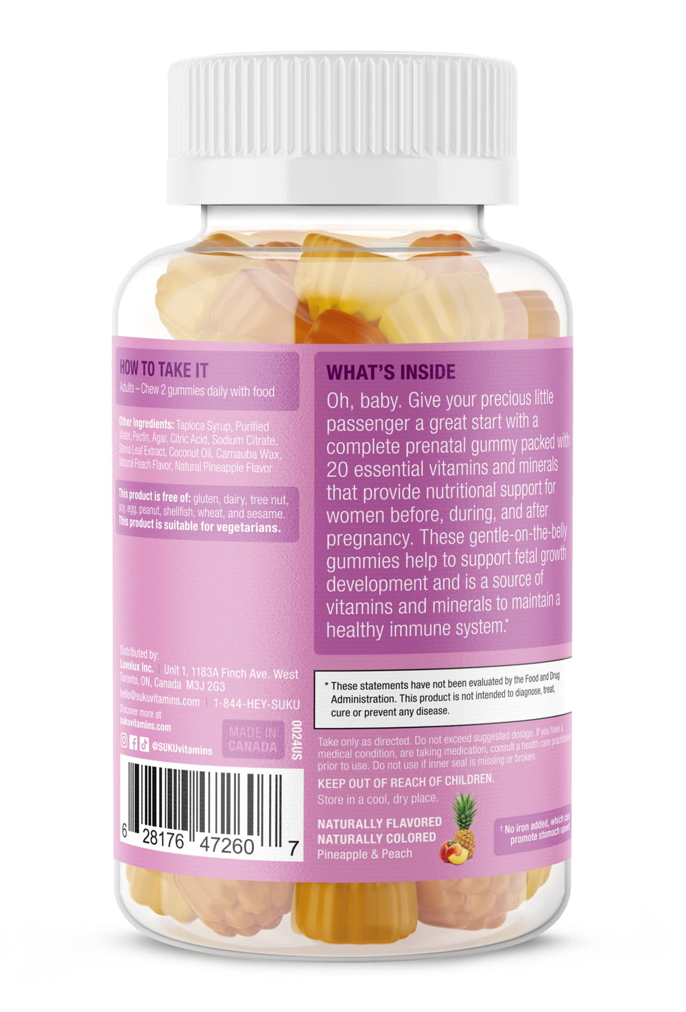 Close-up of SUKU Prenatal Gummies bottle
