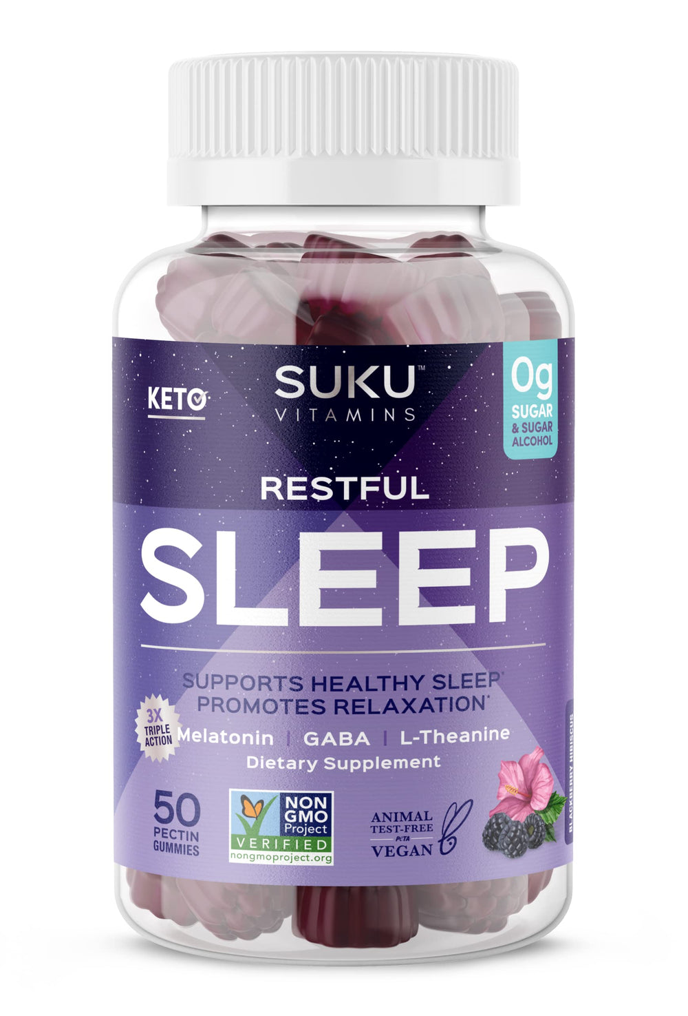 Front packaging of SUKU Restful Sleep Gummies in Blackberry-Hibiscus flavor
