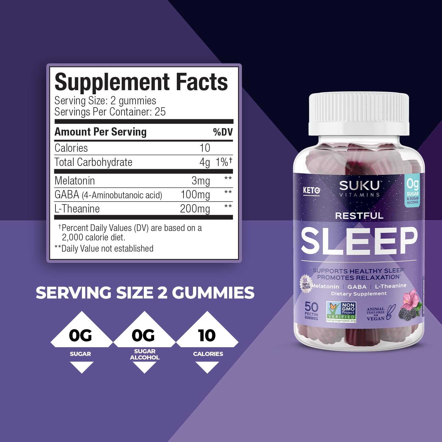 Nutrition facts panel for SUKU Restful Sleep Gummies