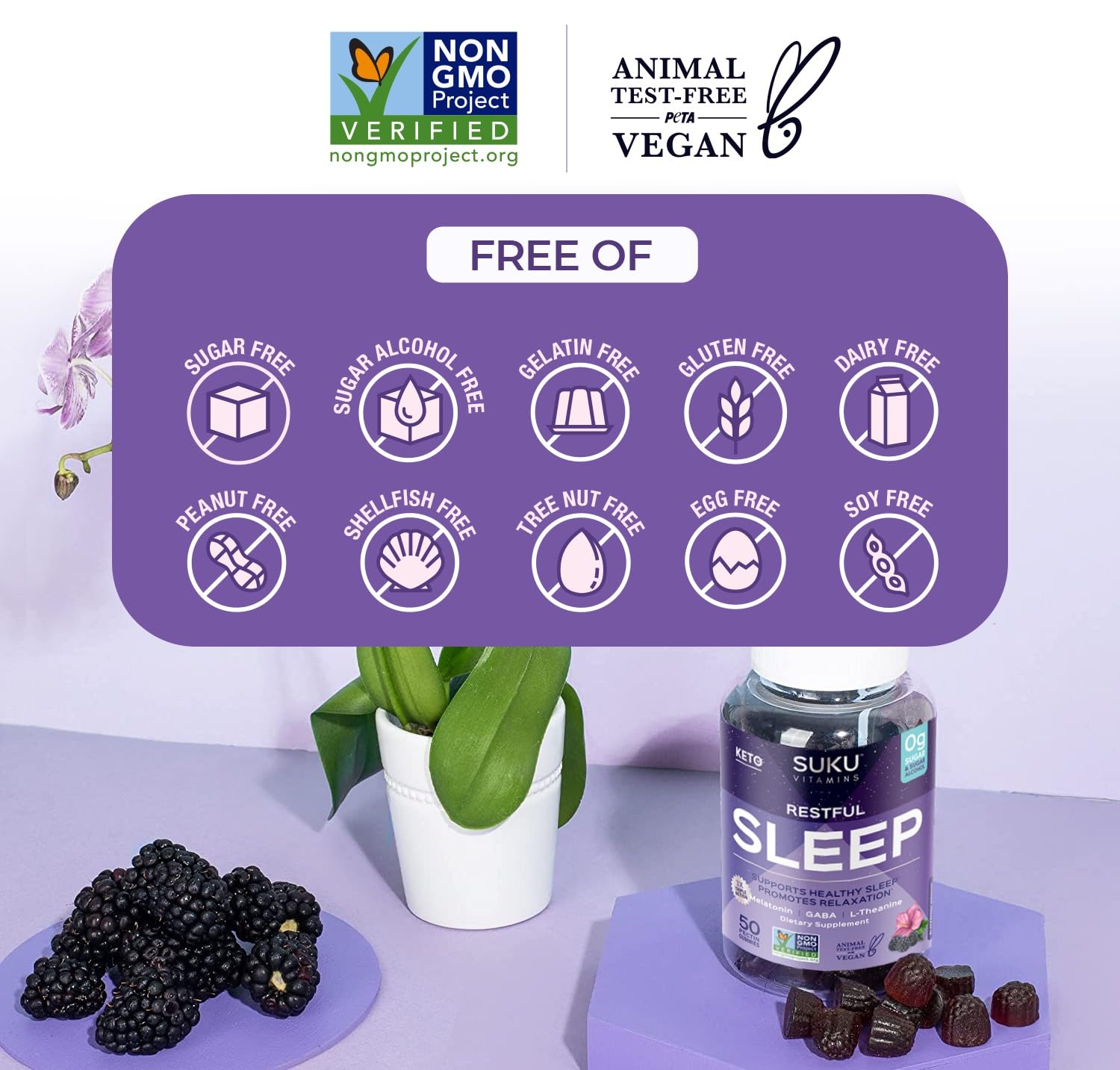 Travel-friendly bottle of SUKU Restful Sleep Gummies