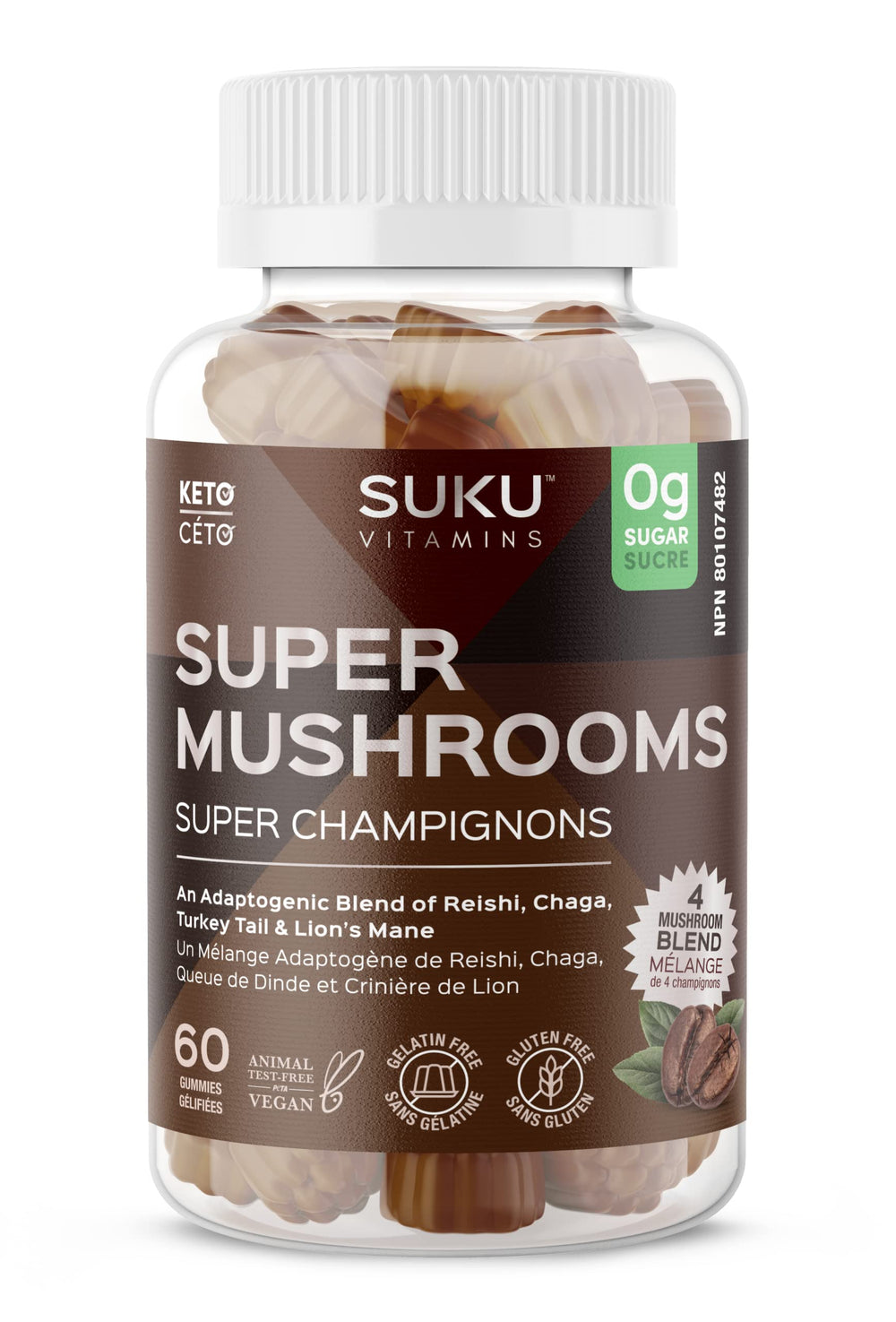 Front view of SUKU Vitamins Super Mushroom Gummies bottle