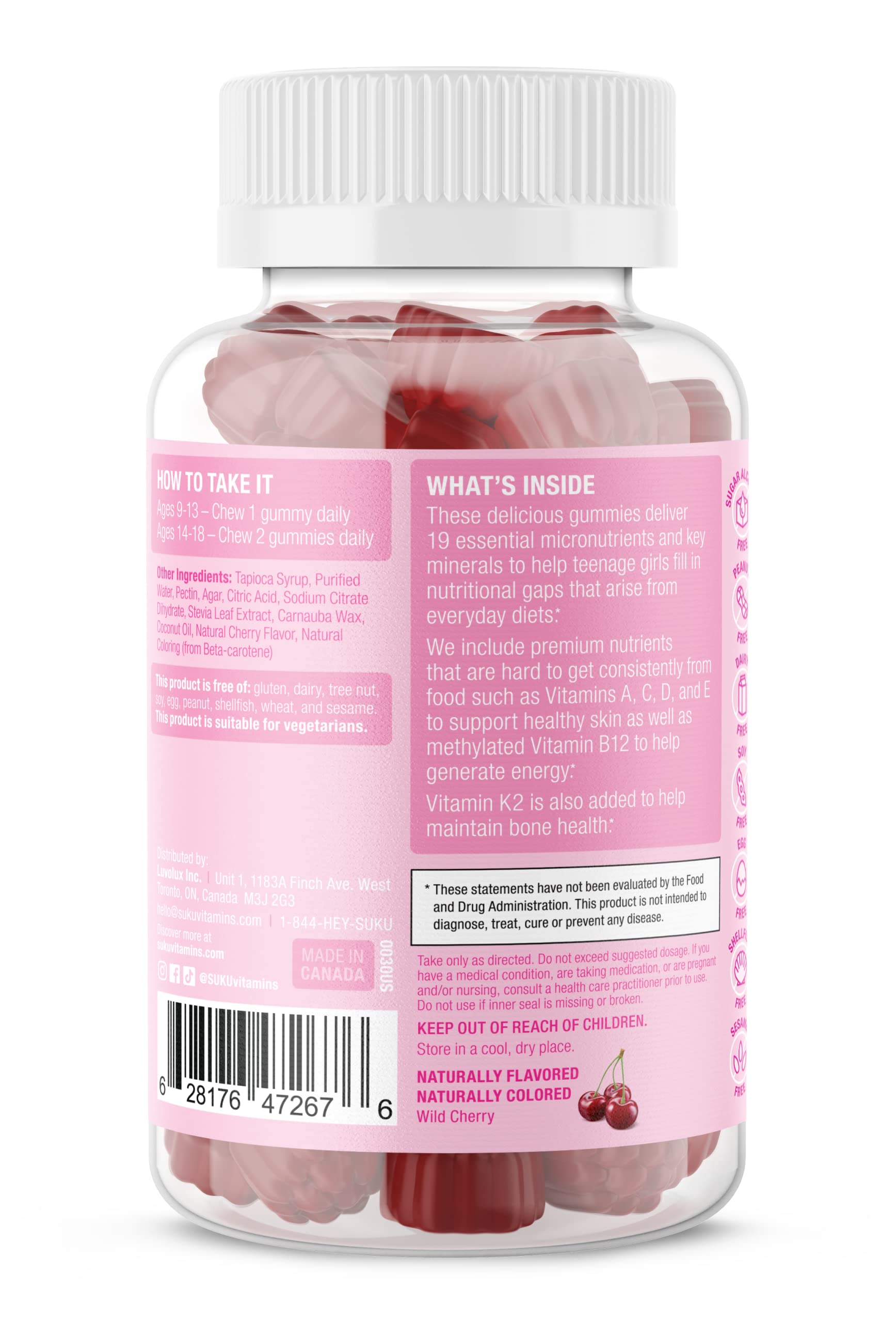 Gummies and bottle with 19 nutrients highlighted