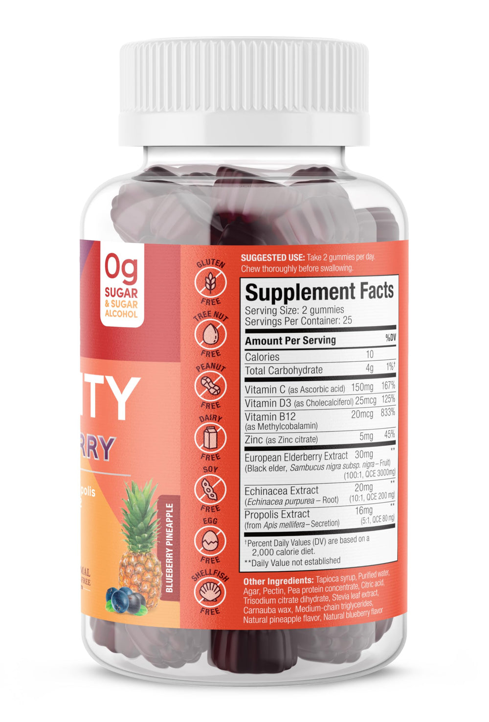 Close-up of immunity gummies featuring elderberry, echinacea and propolis