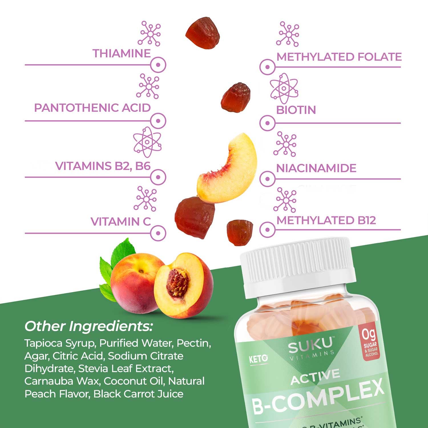 Back view of SUKU Vitamin B Complex Gummies bottle with 50 gummies