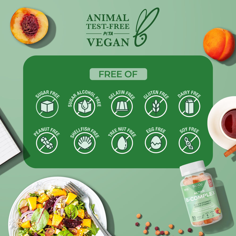 Icons indicating vegan, sugar-free, and keto-friendly features on SUKU Gummies