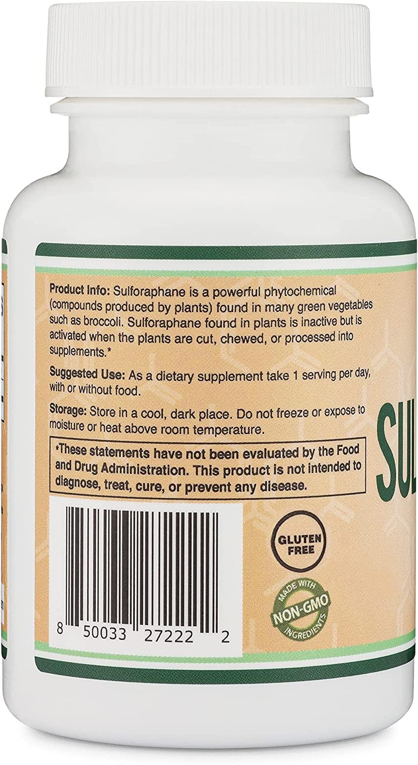 Sulforaphane supplement bottle on a white background