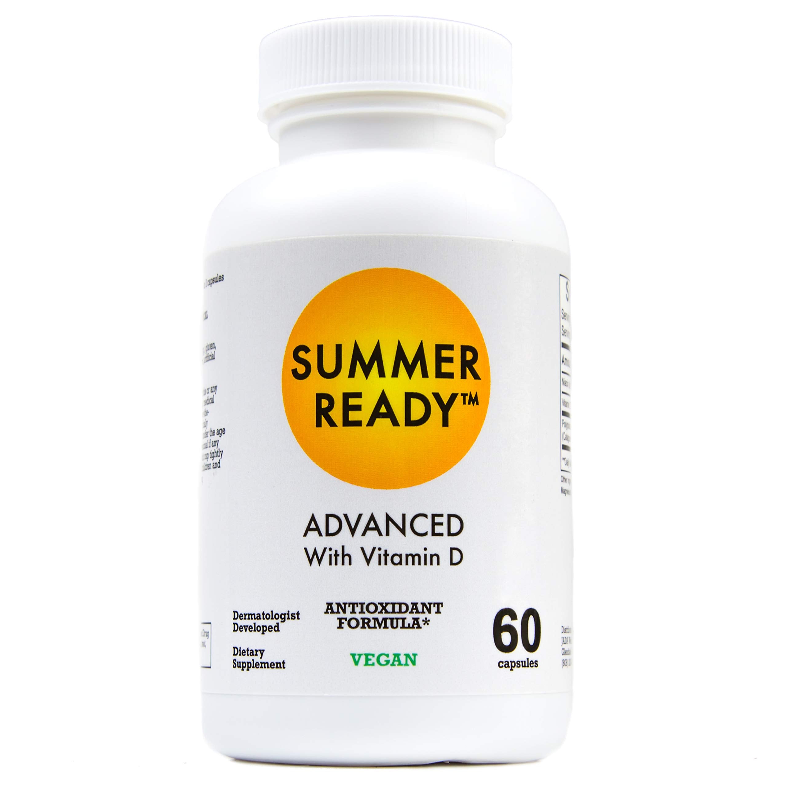 Bottle of Summer Ready Skin Care Antioxidant Supplement on white background