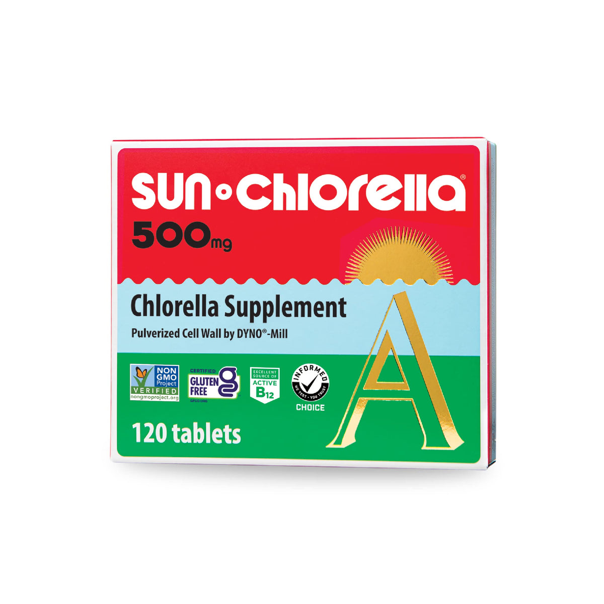 Front view of Sun Chlorella 500mg bottle