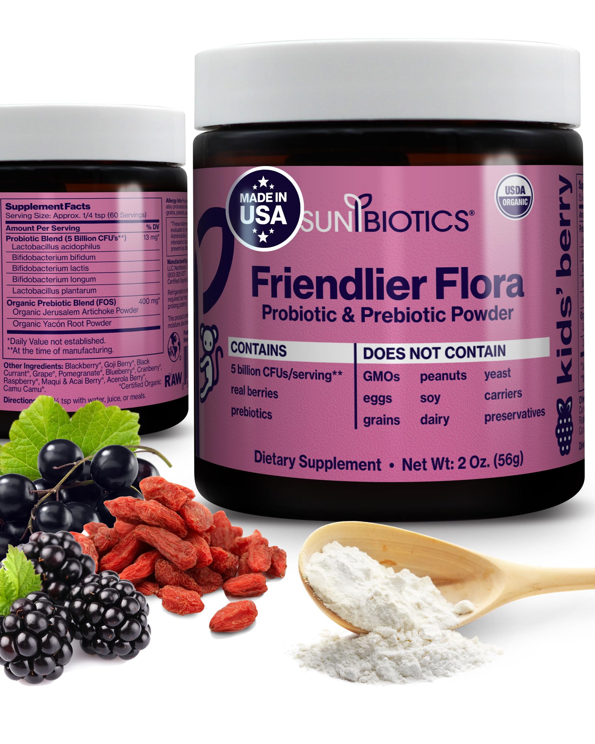 SUNBIOTICS Friendlier Flora Kids Probiotic Powder Berry flavor, 2 oz packaging