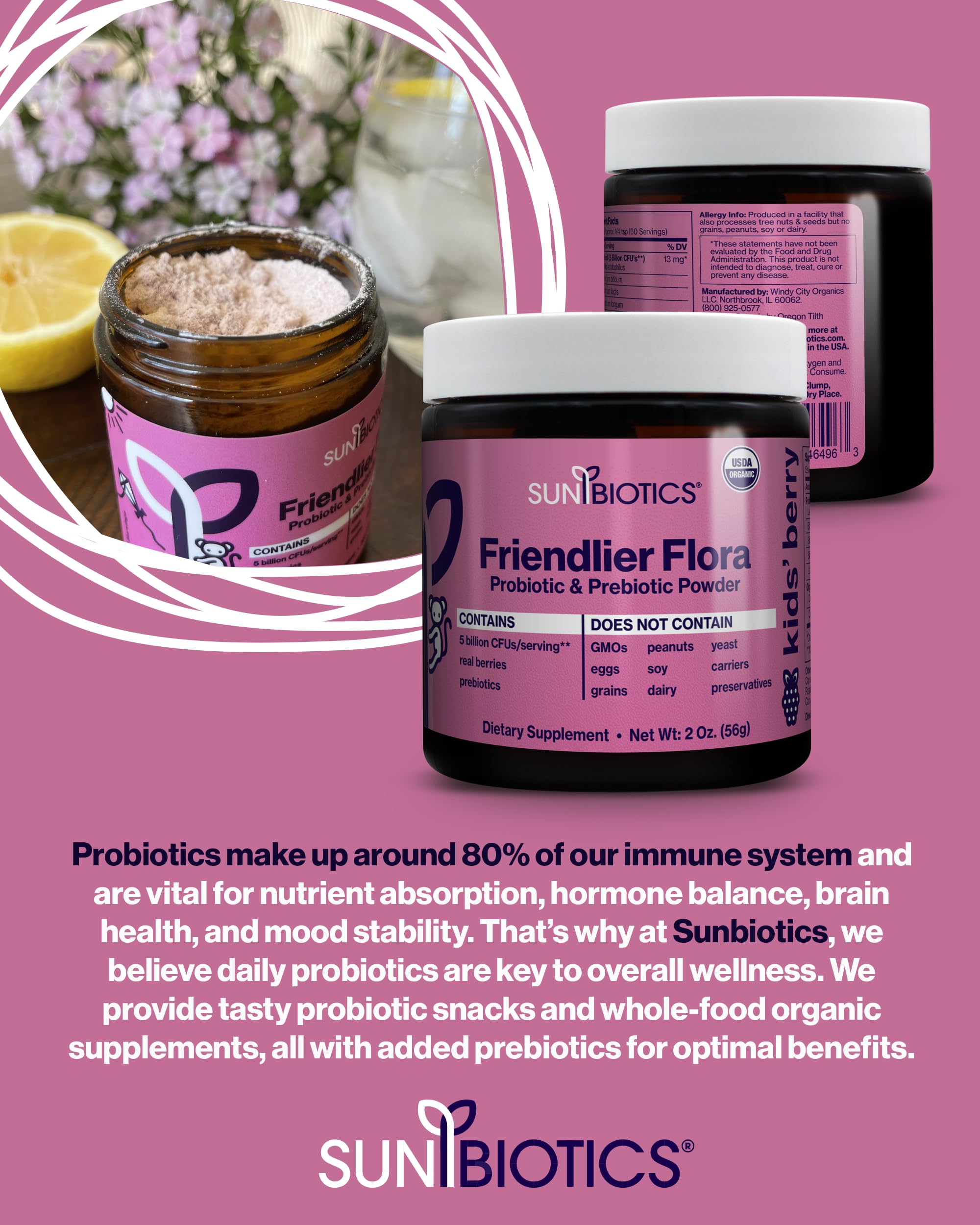 2 oz kid-friendly probiotic powder bottle on a table