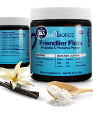 Front view of SUNBIOTICS Friendlier Flora vanilla-flavored prebiotic and probiotic powder bottle