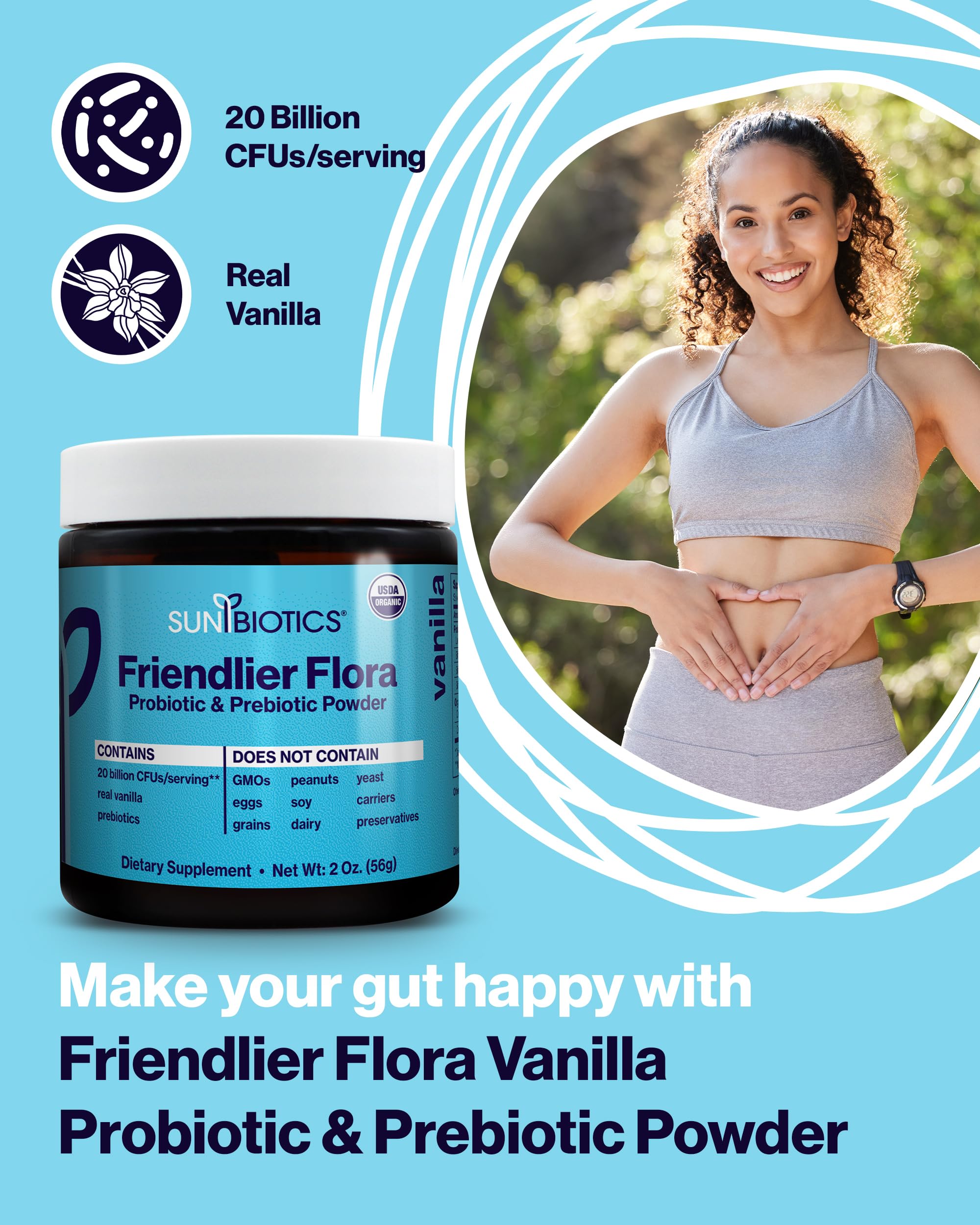 Product label highlighting 20 billion CFUs and four probiotic strains
