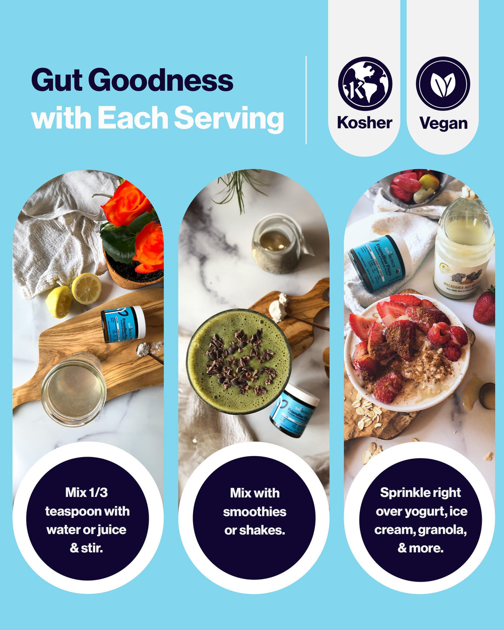 Serving ideas image showing powder being added to yogurt and smoothies