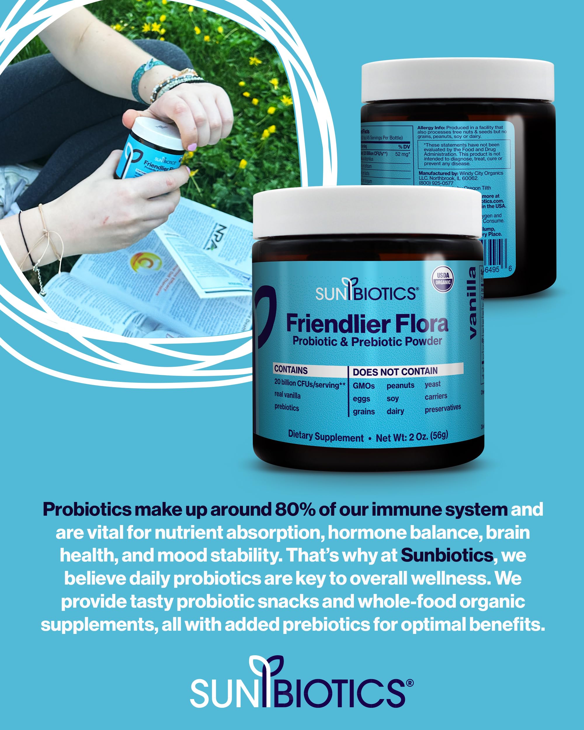 SUNBIOTICS Friendlier Flora 2 oz bottle with brand branding