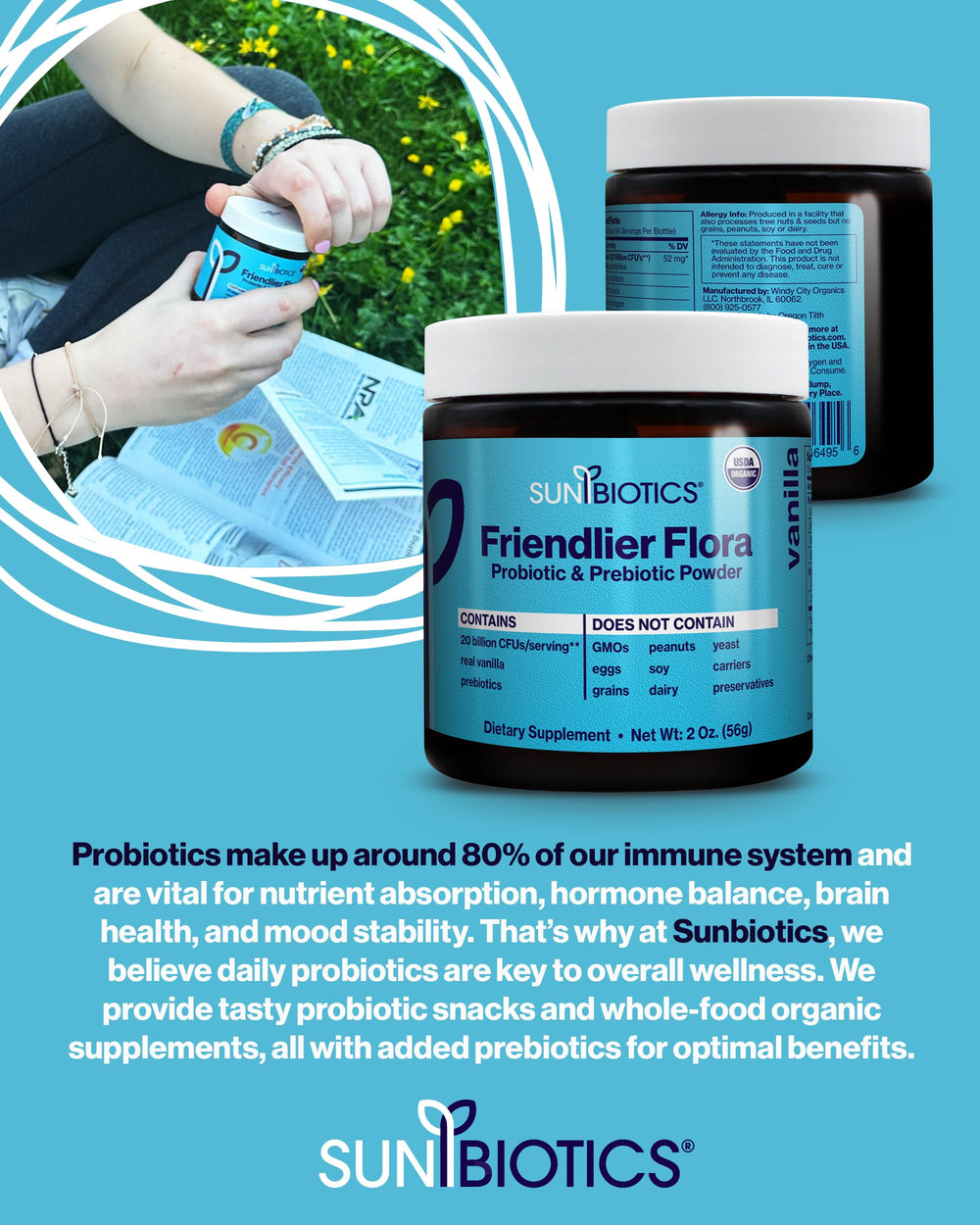 SUNBIOTICS Friendlier Flora 2 oz bottle with brand branding