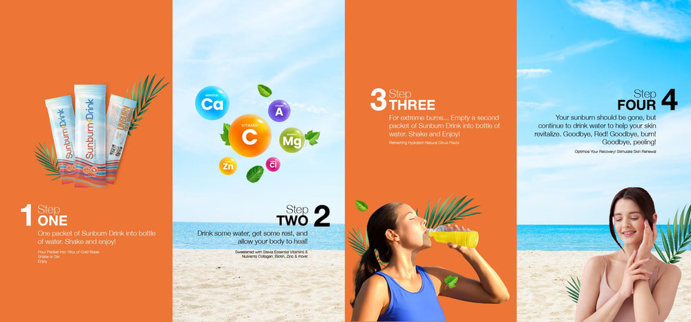 Sunburn relief ingredients collage.