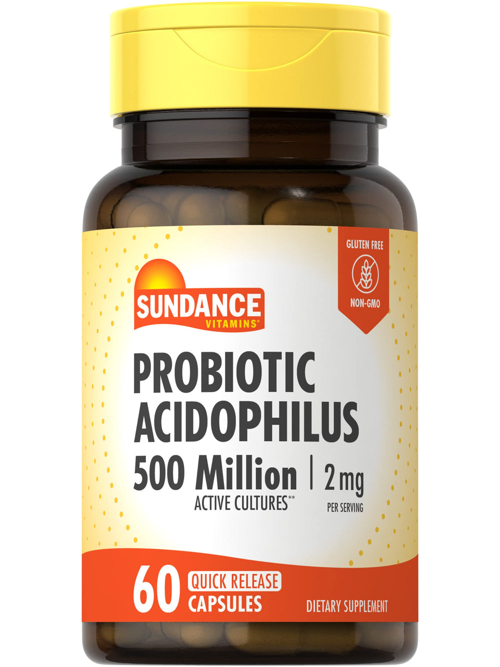 Bottle of Sundance Acidophilus Probiotic with 500 million active cultures and 60 quick-release capsules