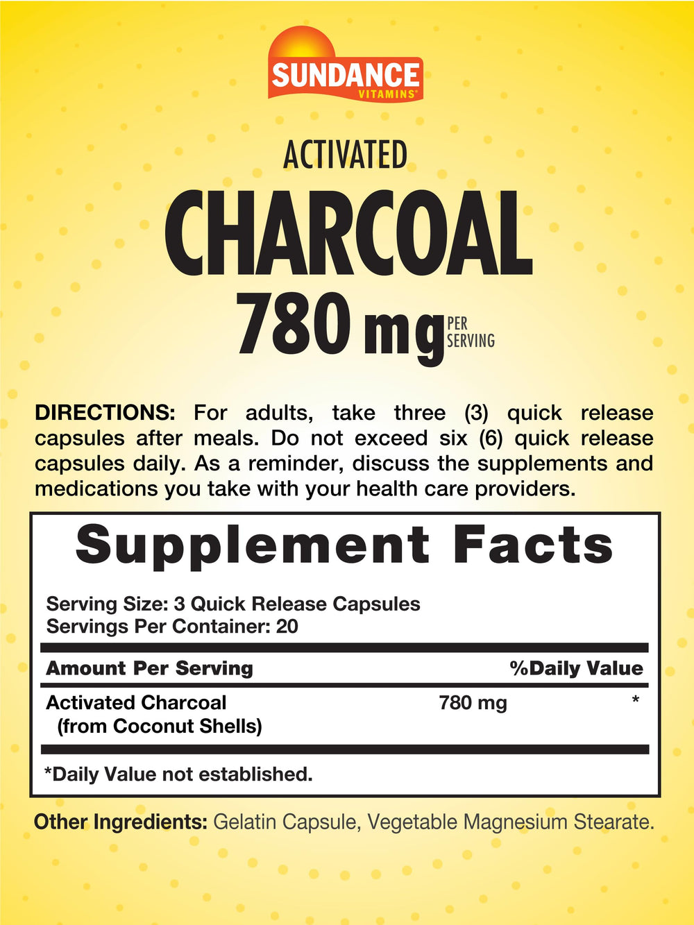 Front view of Sundance Activated Charcoal 780mg bottle packaging