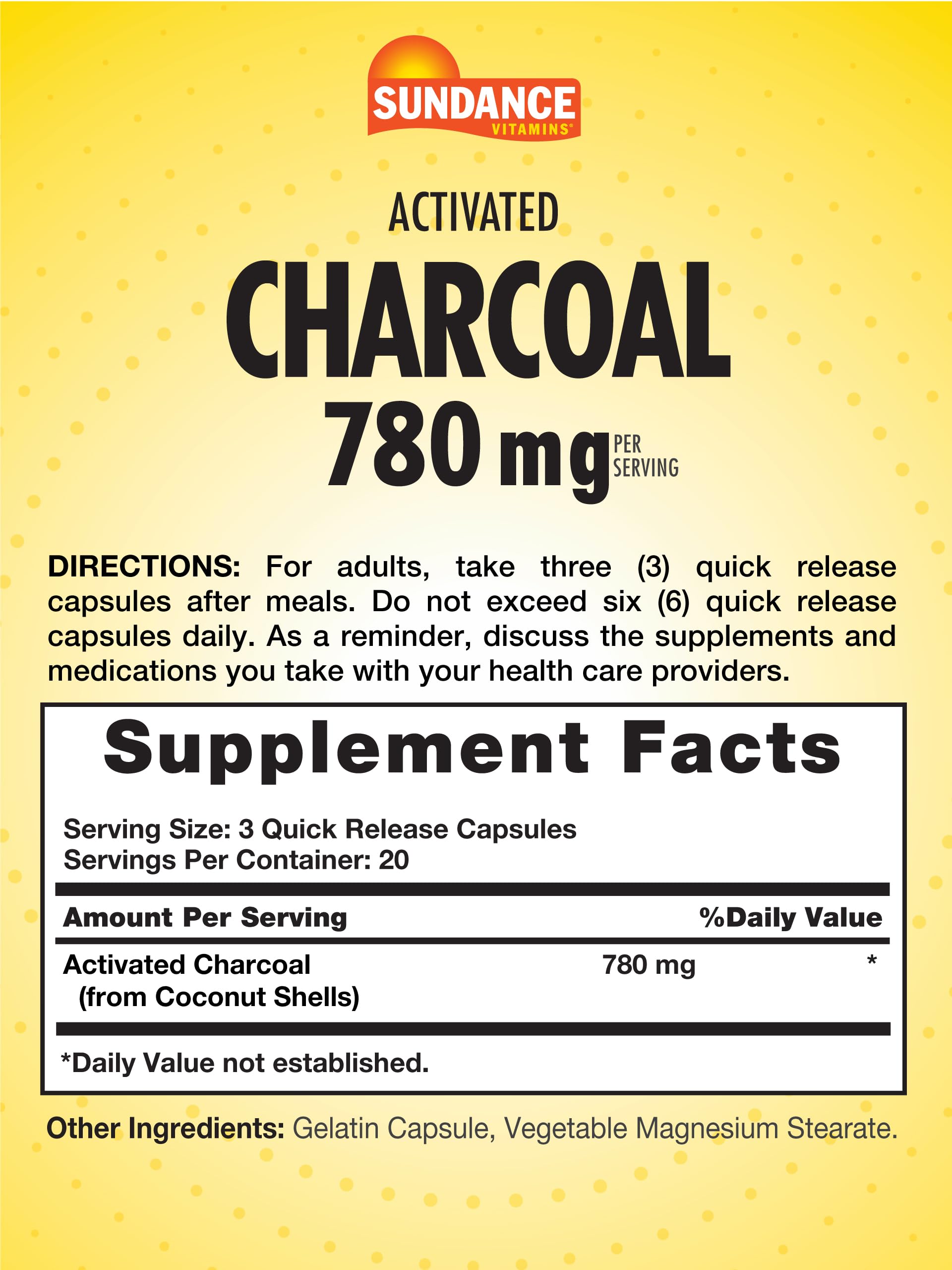 Close-up of 780 mg activated charcoal capsules