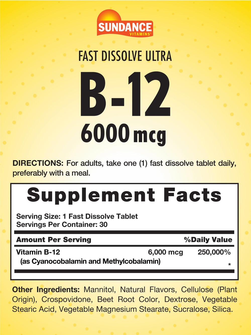 Close-up of Sundance B-12 fast-dissolve tablets, 30-count
