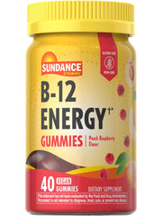 Bottle of Sundance Vitamin B-12 Energy Gummies Peach Raspberry flavor
