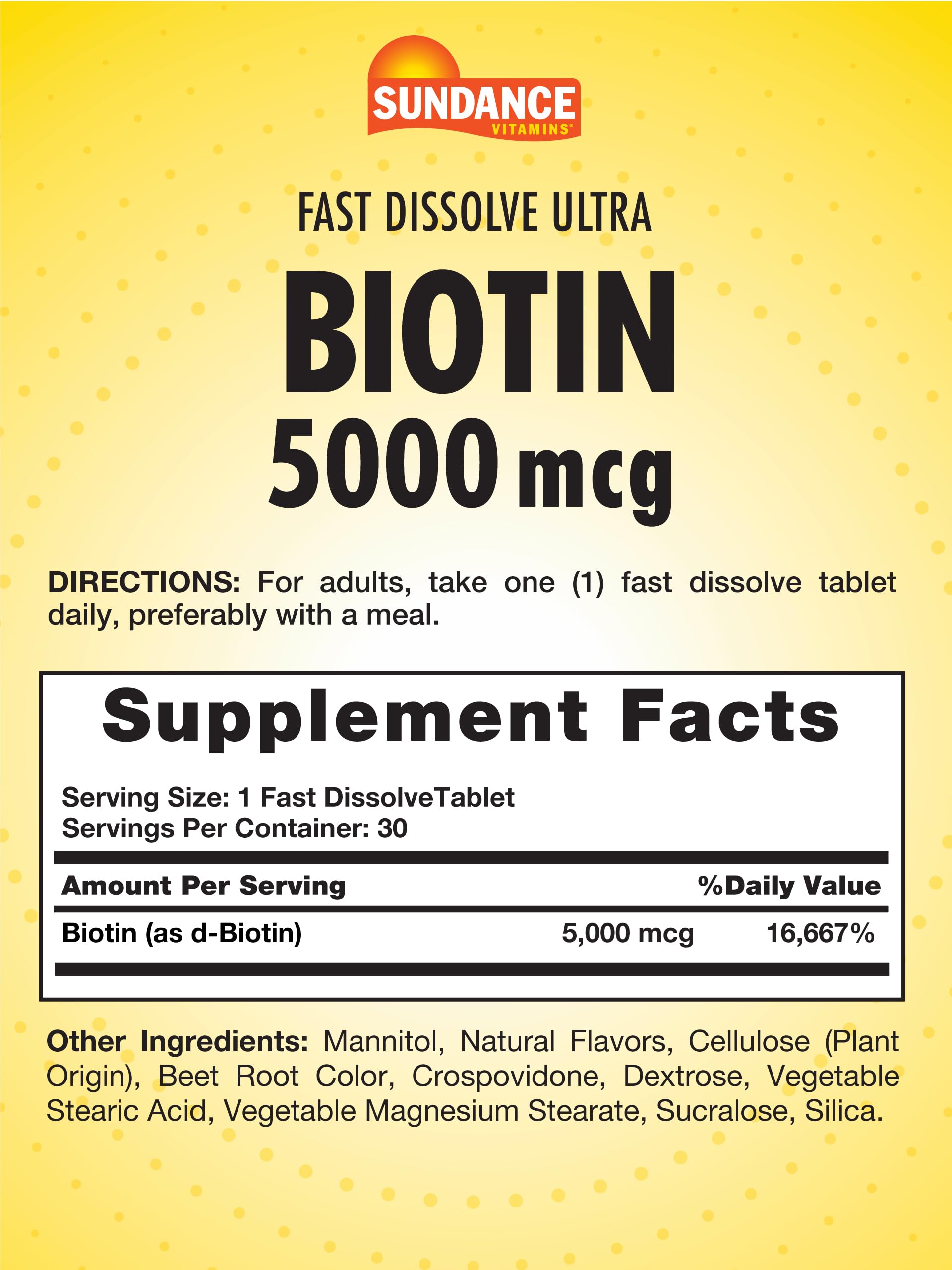 Close-up of Biotin 5000mcg fast dissolve berry tablet