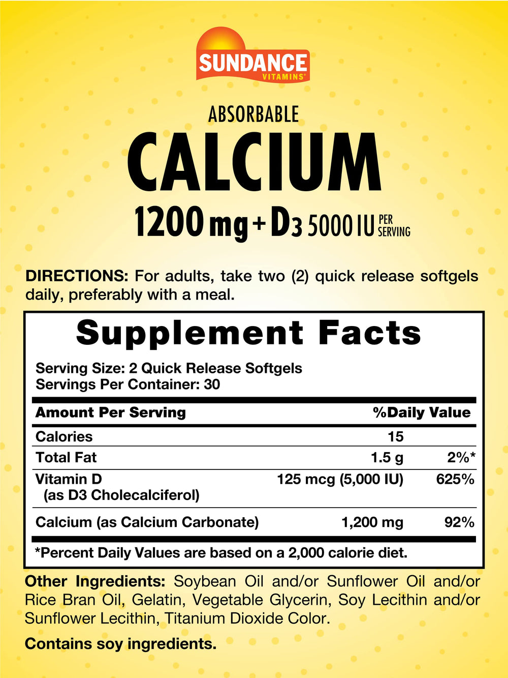 Close-up of Sundance Calcium D3 softgels bottle and label