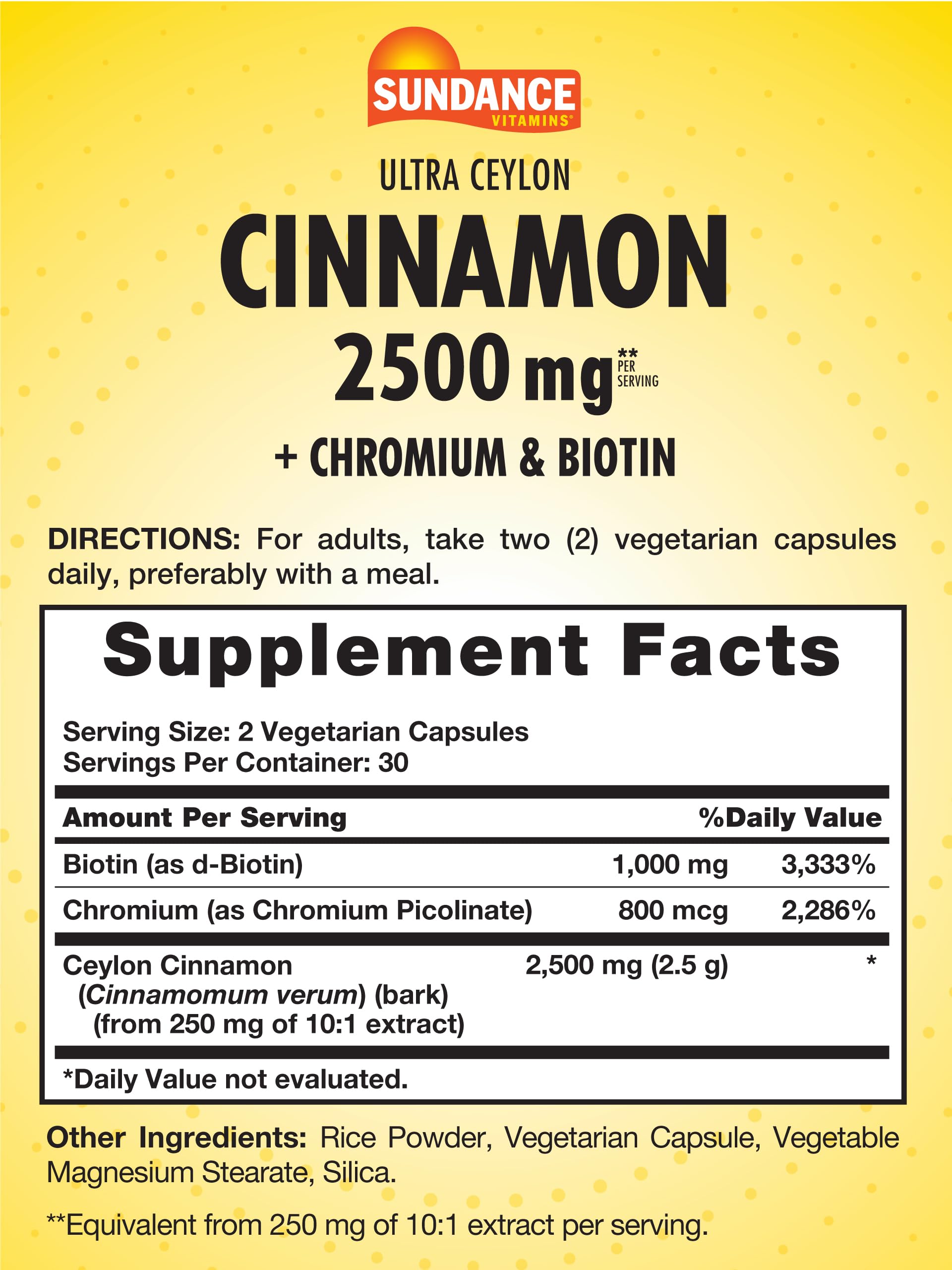 Ingredient panel showing cinnamon, chromium, and biotin