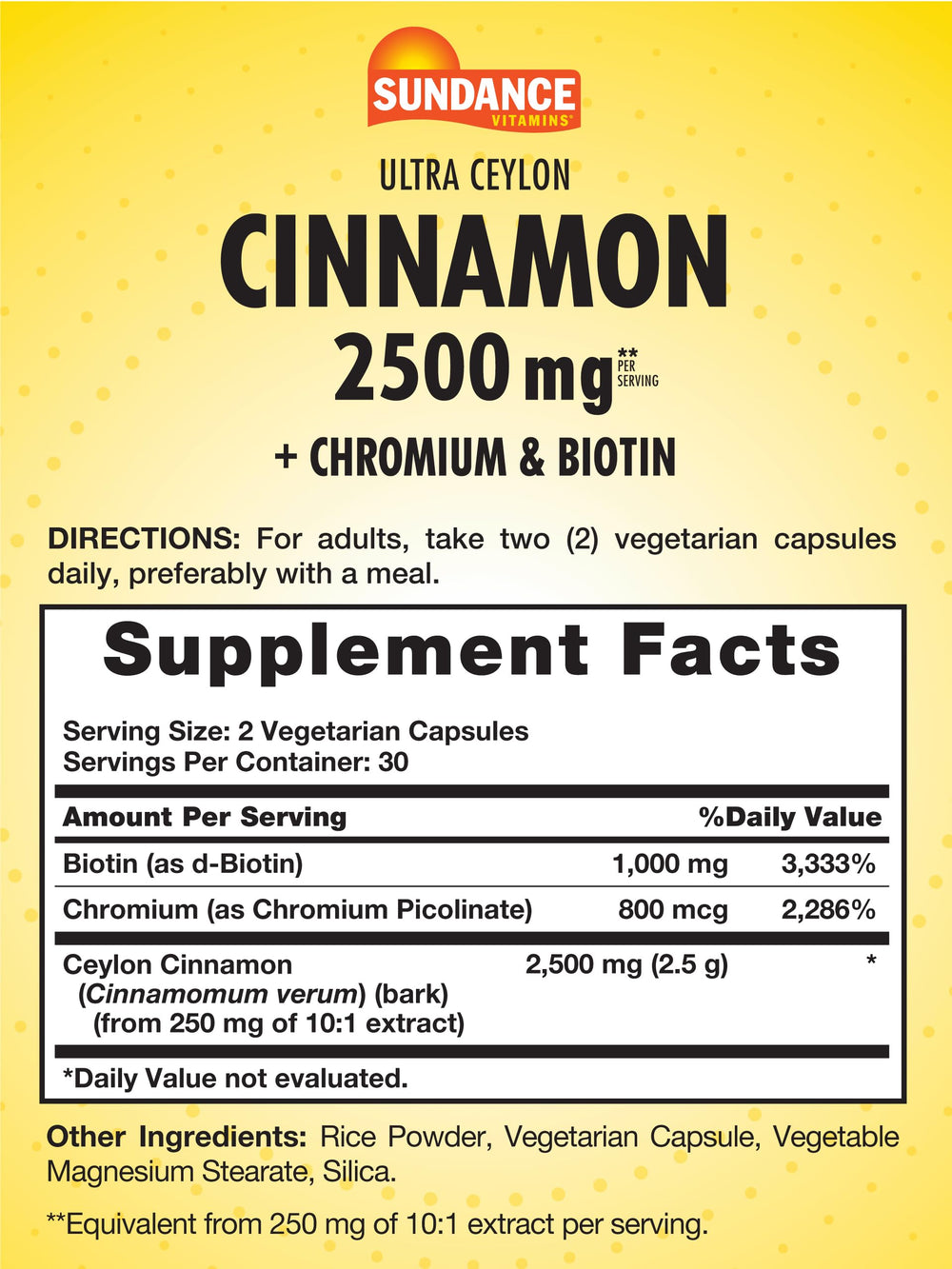 Ingredient panel showing cinnamon, chromium, and biotin