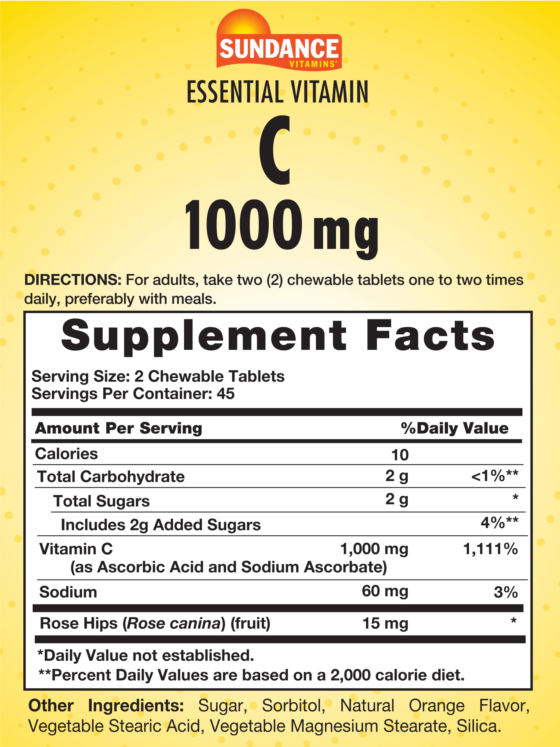 Close-up of Sundance Vitamin C 1000mg orange chewable tablet