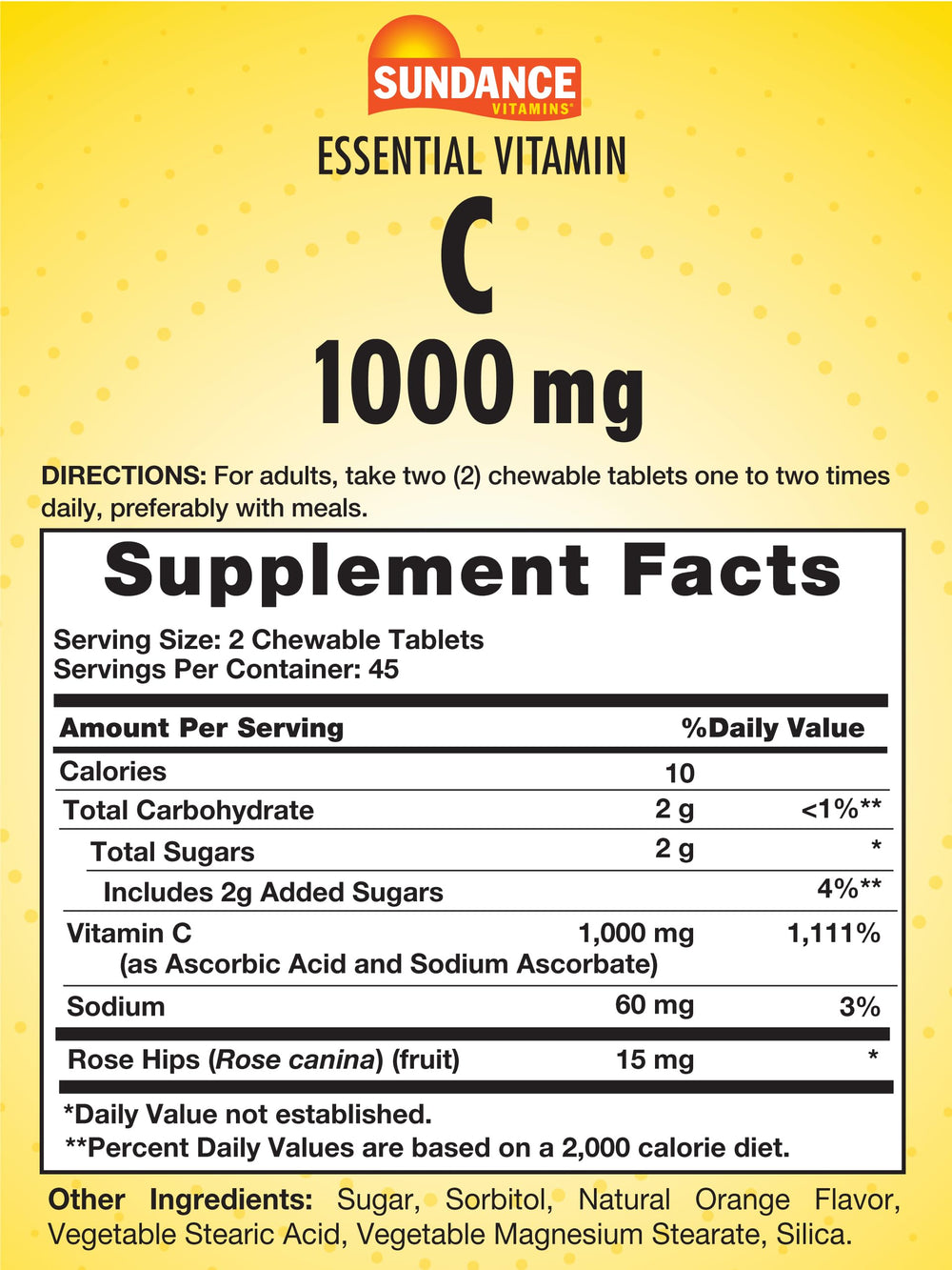 Close-up of Sundance Vitamin C 1000mg orange chewable tablet