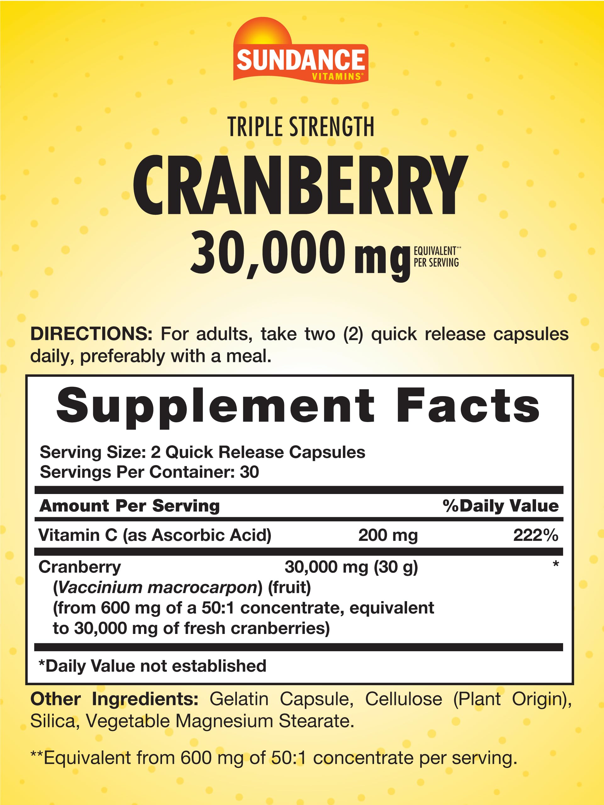 Back label detailing cranberry dosage and ingredients