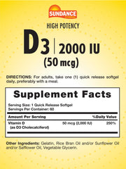 Front view of Sundance Vitamin D3 2000 IU bottle with label