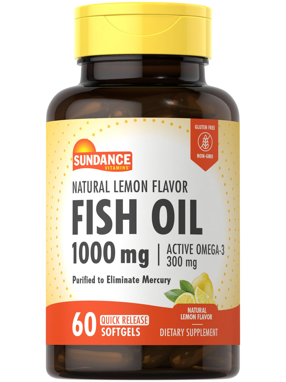 Sundance Fish Oil 1000mg bottle with Lemon Flavor and 60 softgels