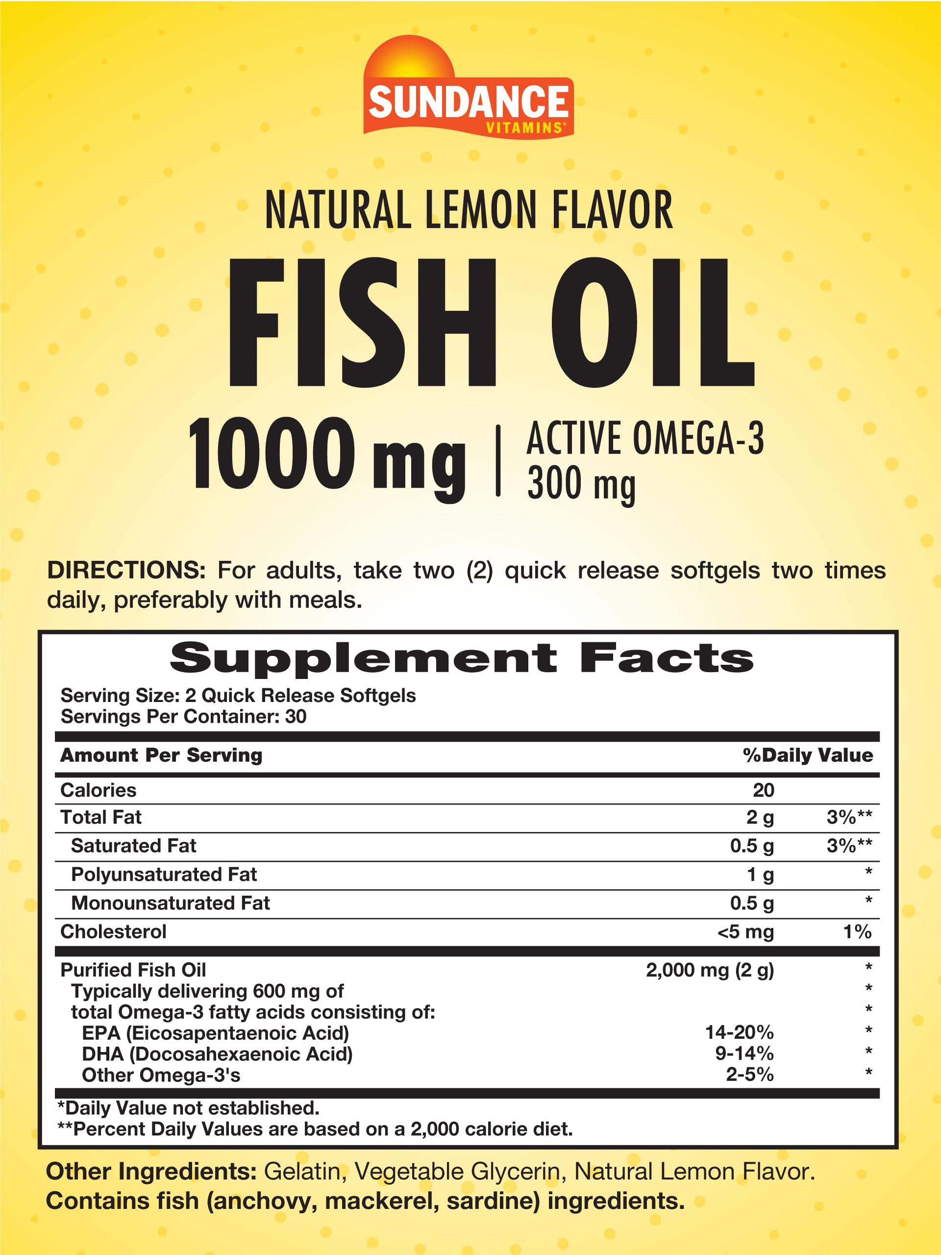 Close-up of Sundance Fish Oil 1000mg lemon flavor softgels