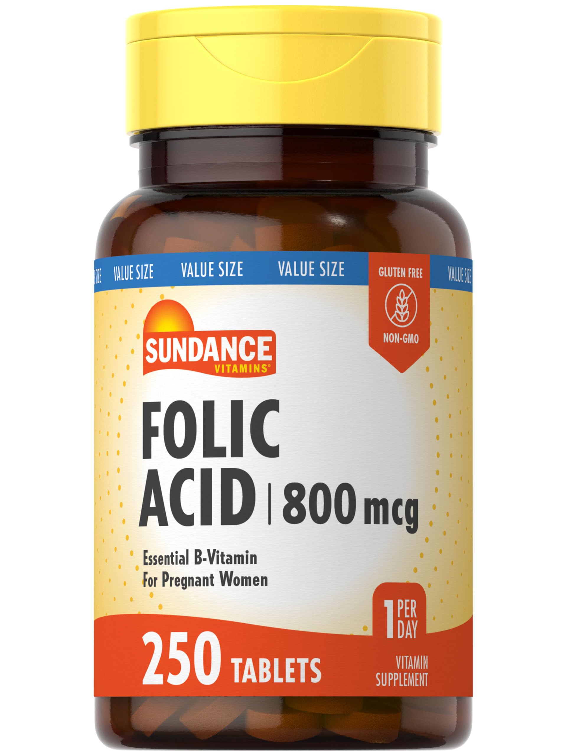 Bottle of Sundance Folic Acid 800 mcg with 250 vegetarian tablets