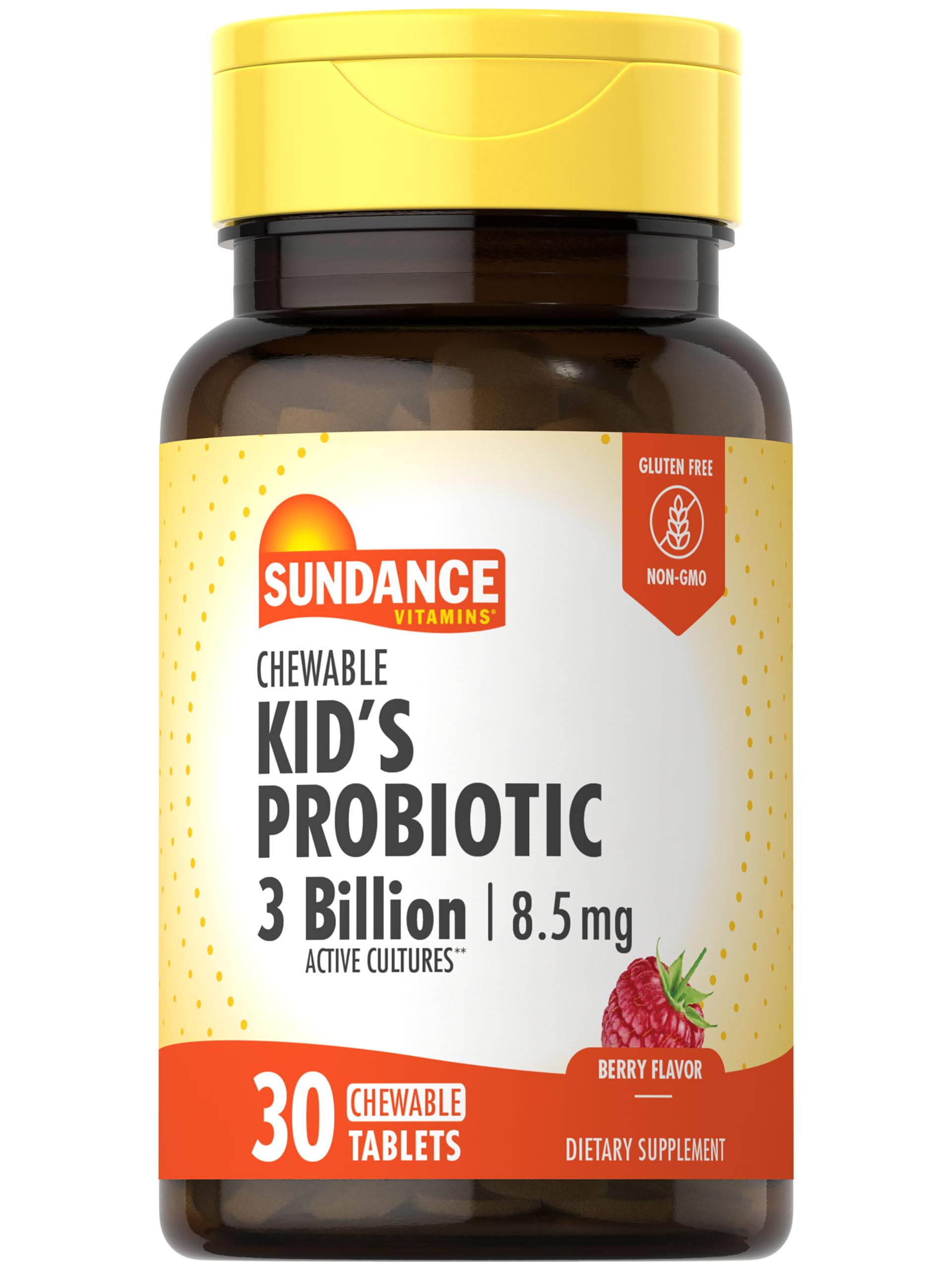 Front view of Sundance Kid's Chewable Probiotic bottle with berry-flavored tablets