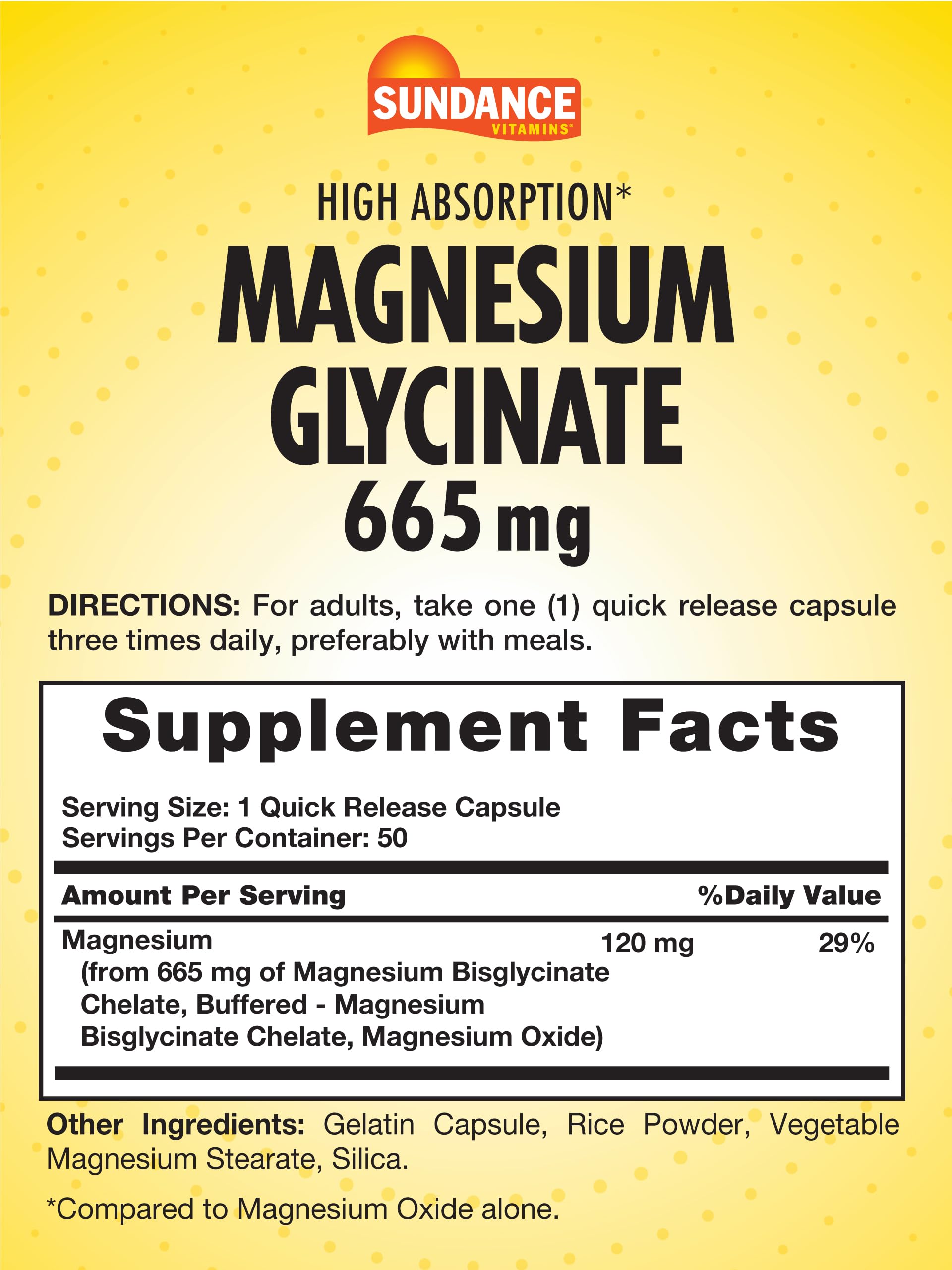 Close-up of Sundance Magnesium Glycinate Capsules showing 665 mg per serving