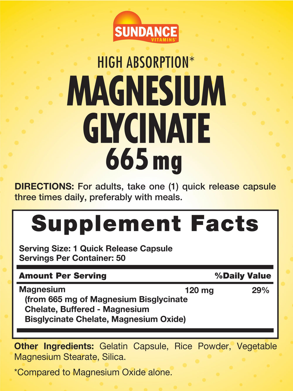 Close-up of Sundance Magnesium Glycinate Capsules showing 665 mg per serving