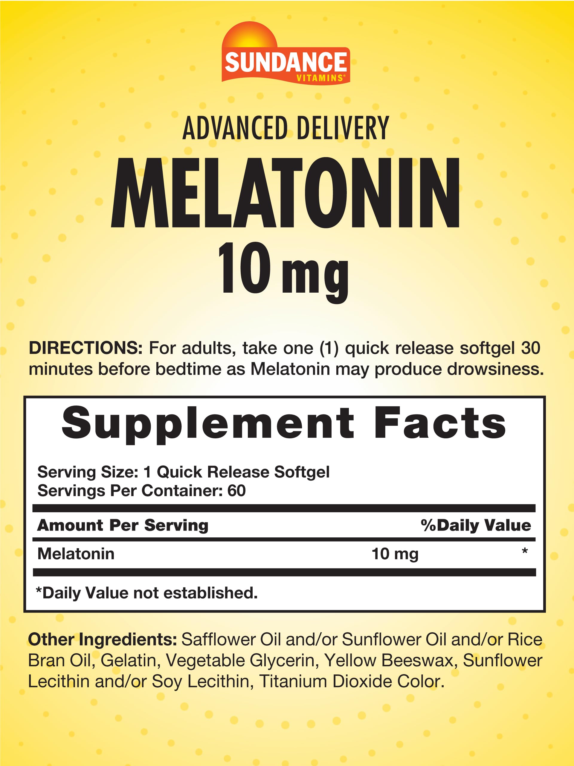 Close-up of Sundance Melatonin 10mg quick-release softgels