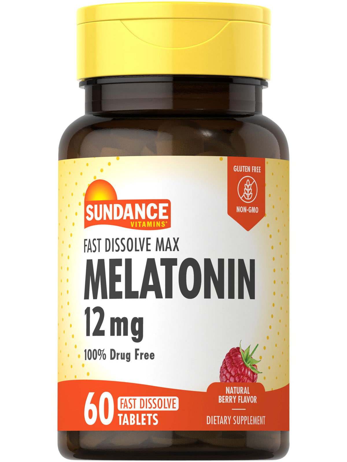 Sundance Melatonin 12mg bottle with 60 fast-dissolve tablets in berry flavor