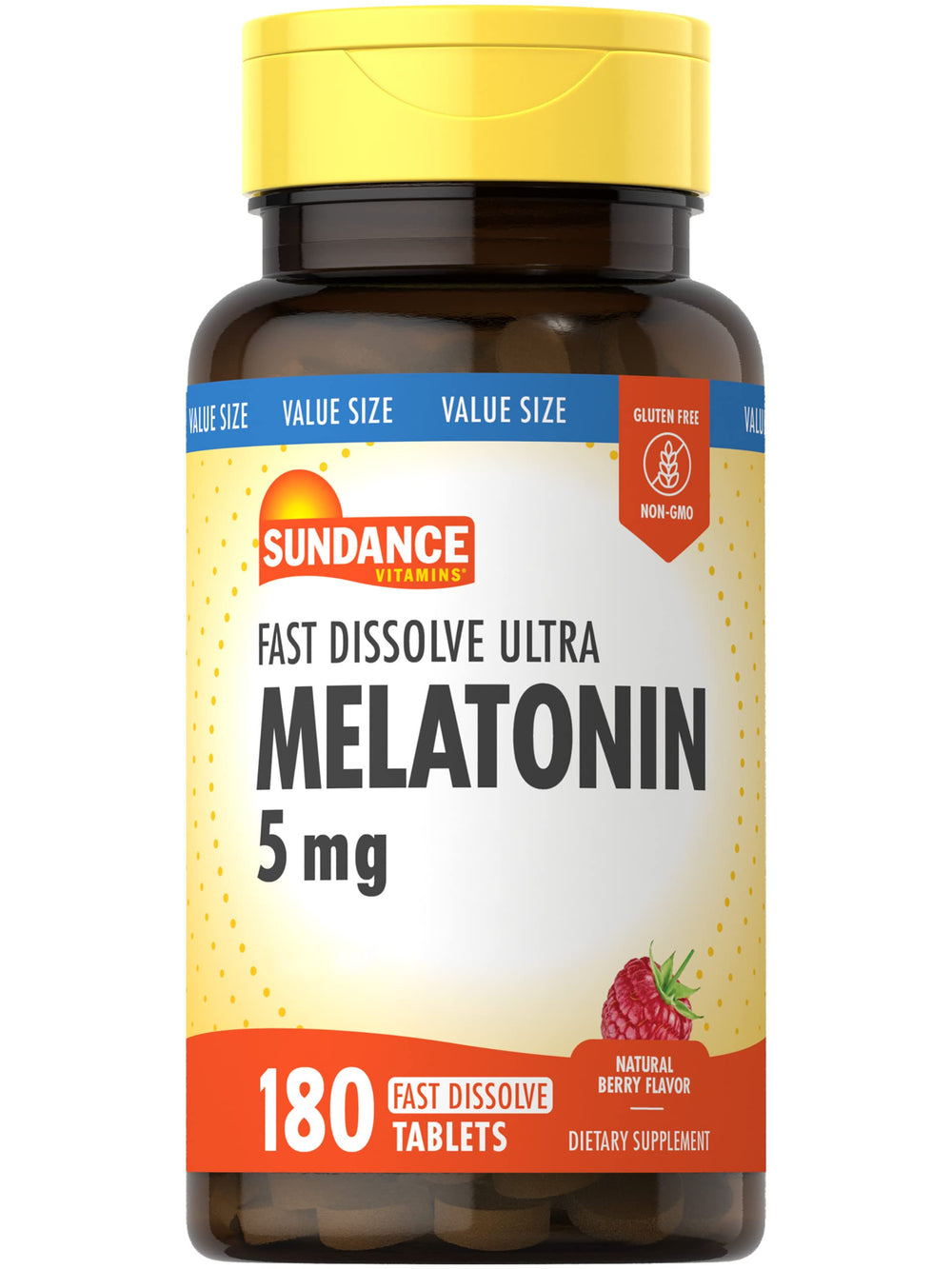 Bottle of Sundance Melatonin 5mg tablets with berry flavor